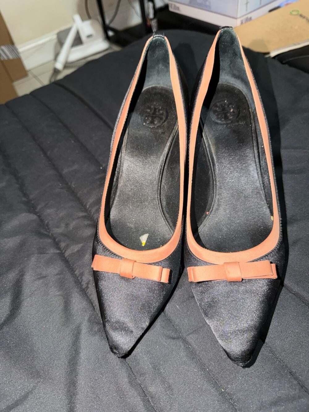 Tory Burch Black Satin Pointed Toe Pumps with Brown Trim and Bow Size 9.5M